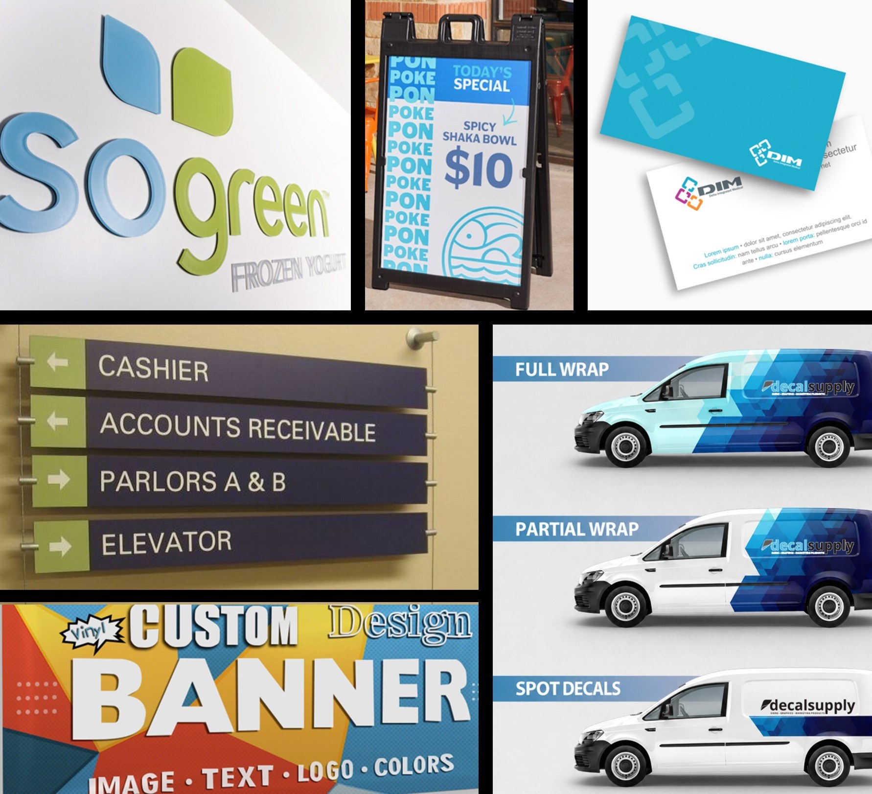 Decal Supply product collage showing dimensional letters, A-frame sign, business cards, wayfinding sign, custom banner and vehicle graphics